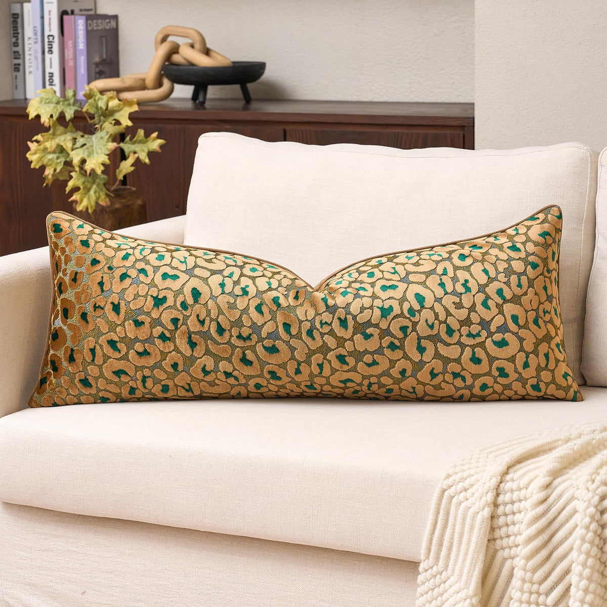 Alerfa Green Brown Floral Throw Pillow Cover 20 x 20 Inch Cut Velvet Sqaure Luxury Decorative Pillow Cover for Couch Living Room Bedroom