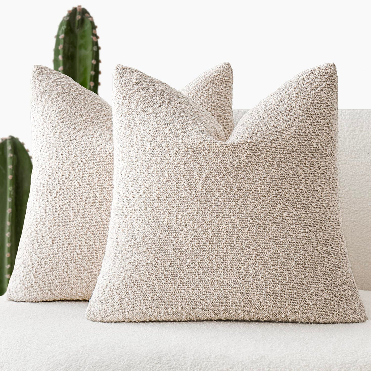 Foindtower Decorative Textured Boucle Throw Pillow Covers 18x18 Inch,Ivory