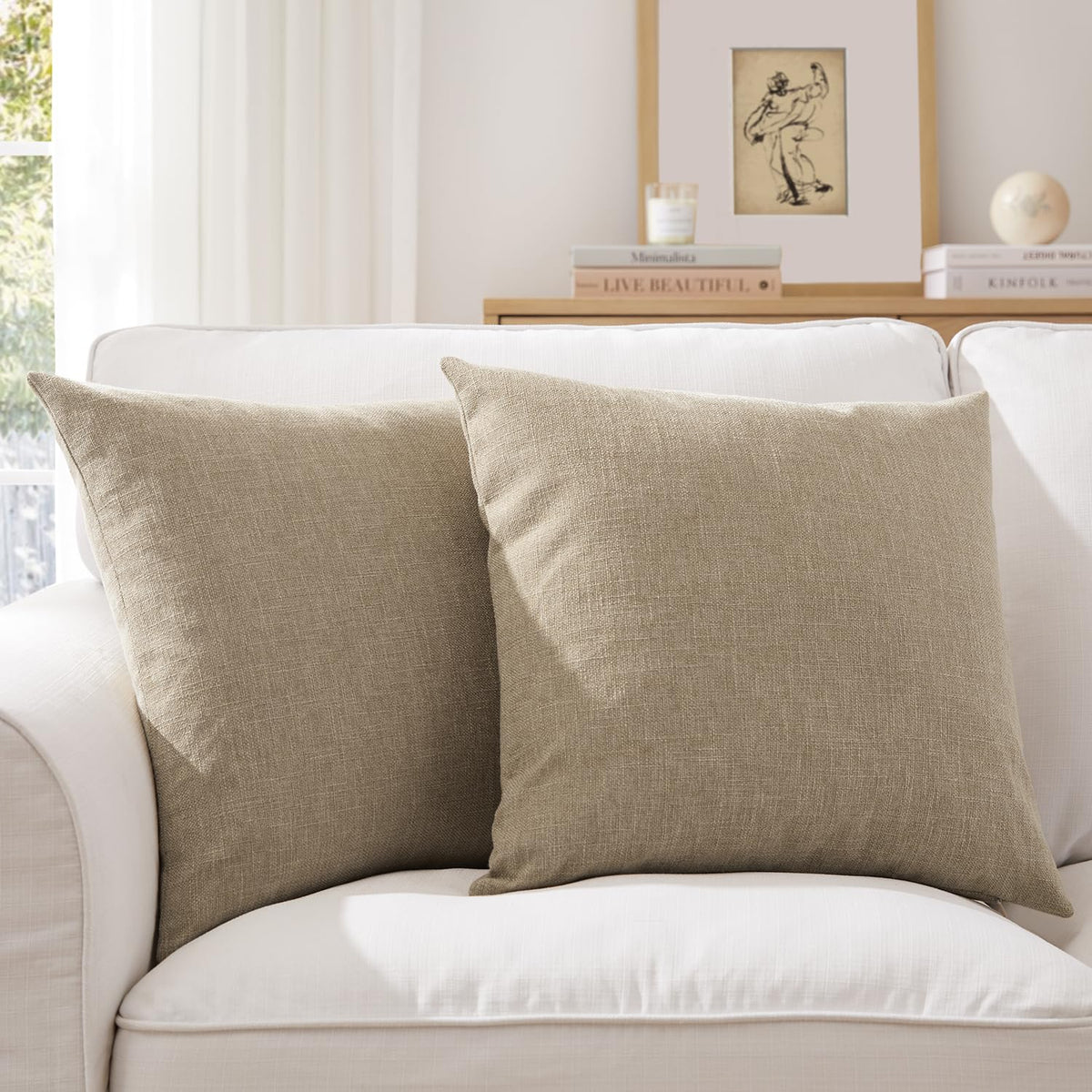Meekio Linen Blend Throw Pillow Covers 18x18 Set of 2, Ivory