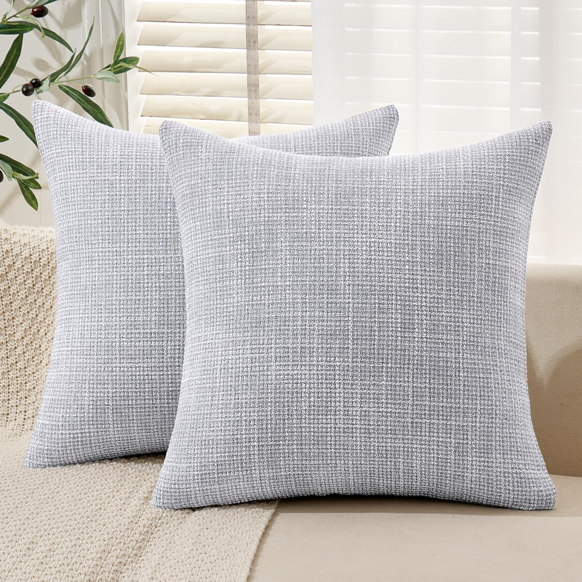 MIULEE Burlap Linen Throw Pillow Covers 18x18 Inch Set of 2 Light Blue