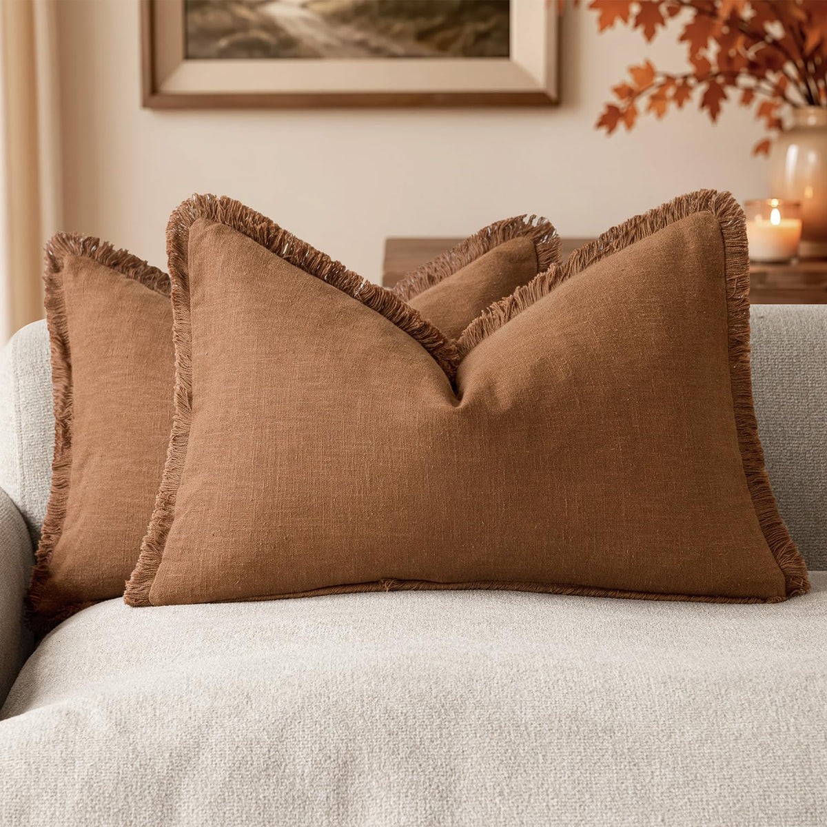 Foindtower Decorative Linen Fringe Throw Pillow Covers 20×20 Olive Green