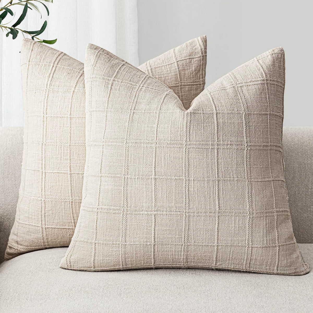 Foindtower Boho Linen Check Decorative Throw Pillow Cover 18×18 Olive Green