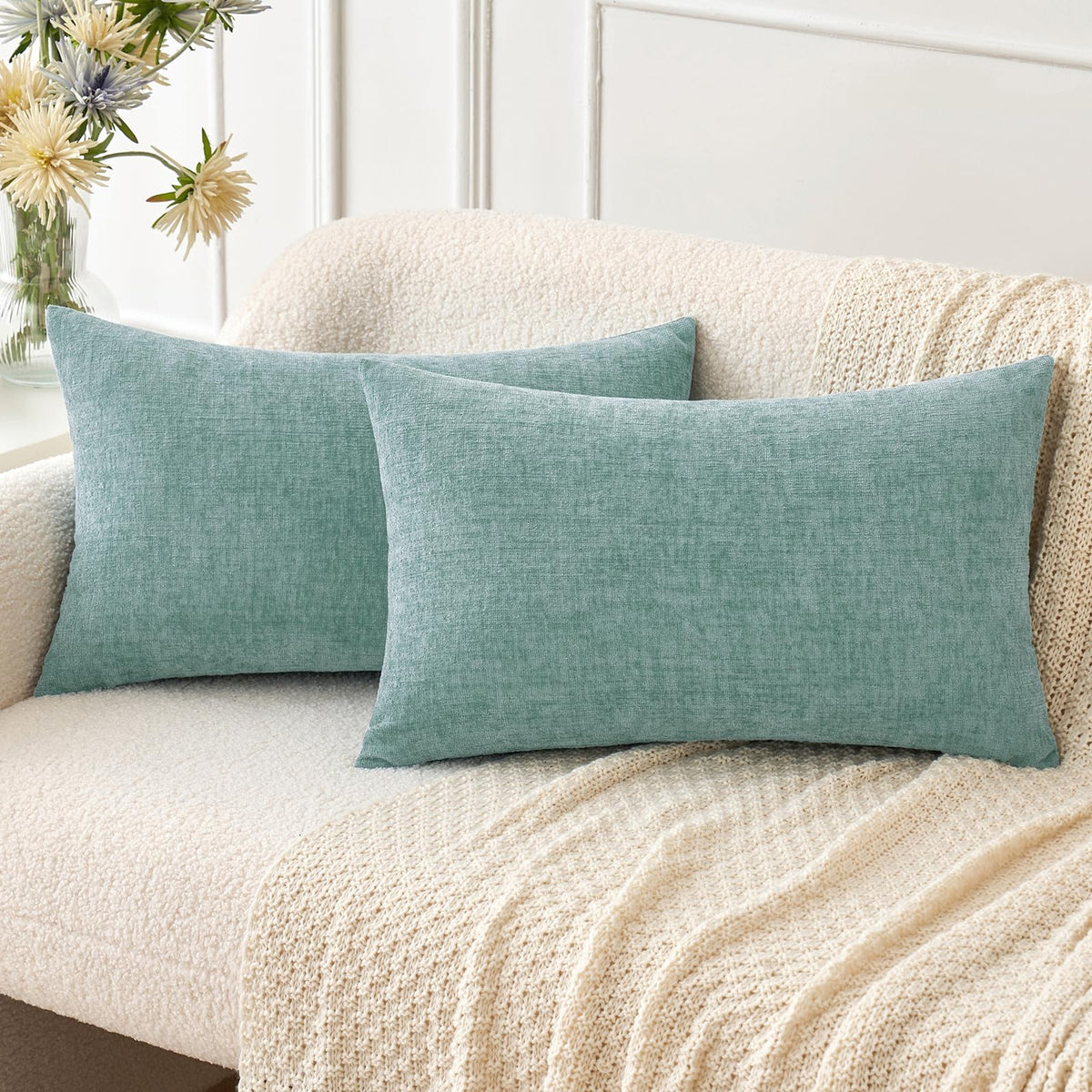 MIULEE Soft Chenille Throw Pillow Covers Teal 18x18 Inch Pack of 2
