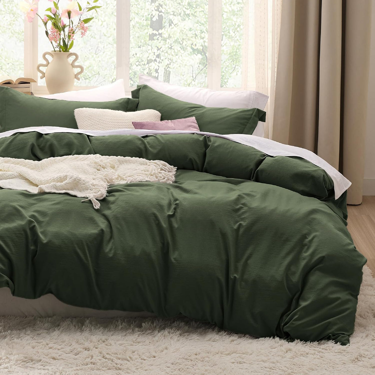Bedsure Prewashed Duvet Cover Queen, Cotton-Like Bedding Set, Olive Green