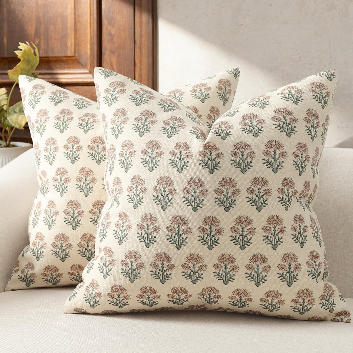 Farmhouse Floral Pillow Covers 18x18 Set of 2, Country Botanical Throw Pillow Cover for Sofa Couch Bed Living Room, Earthic Vintage Flower Cushion Covers Cottage Home Decor,Terracotta