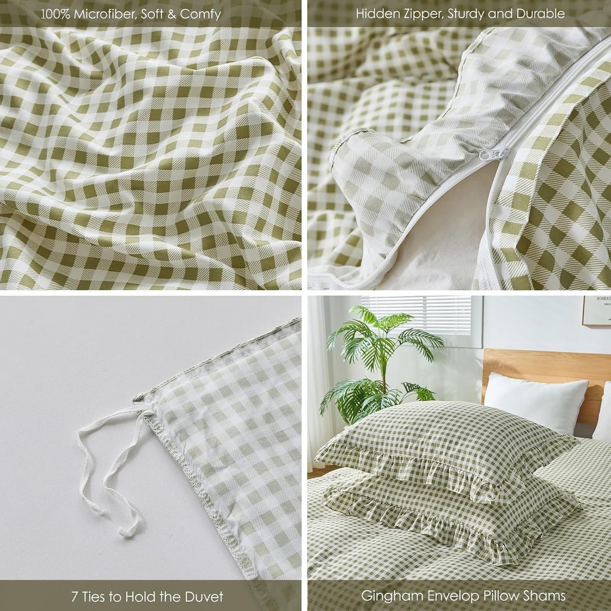 Gingham Duvet Cover Queen Size, 3 Pieces Soft Breathable Microfiber Plaid Duvet Cover with Zipper Closure & 2 Pillow Shams, Ruffle Farmhouse Vintage Decor, Sage Green