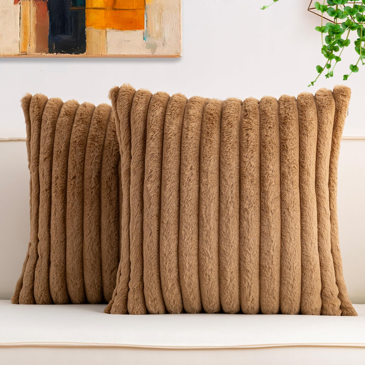 Aegero Pack of 2 Faux Fur Christmas Throw Pillow Covers 18x18 Inch, Pink