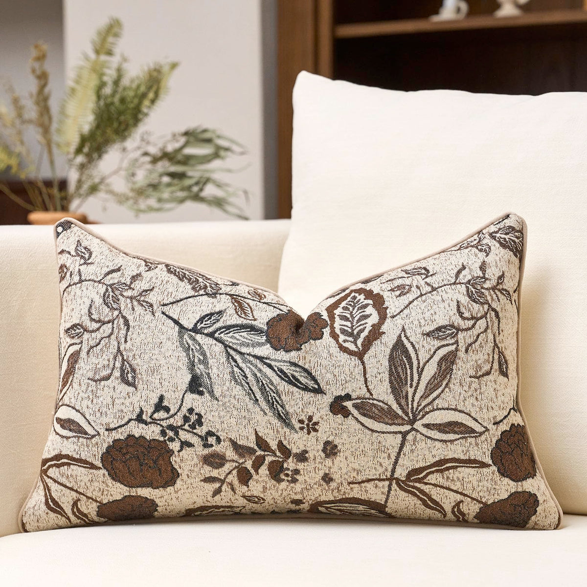 Green Floral Textured Throw Pillow Cover 18x18 Fall Vintage Rust Pillow Cover Farmhouse Summer Leaf Cushion Cover Chenille Neutral Flower Pillowcase Home Decor for Sofa Living Room Bedding