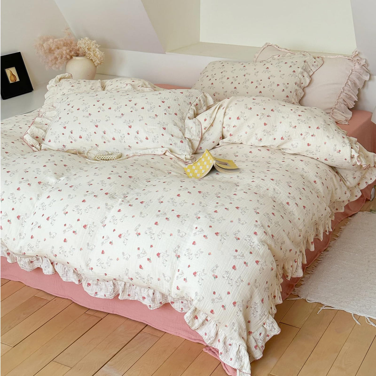 BuLuTu 100% Cotton Muslin Duvet Cover Twin for Kids Girls Boys, Shabby Chic Azalea Floral Duvet Covers Vintage Farmhouse Comforter/Quilt Cover with Ruffles, 68"x86", Zipper Closure, No Pillow