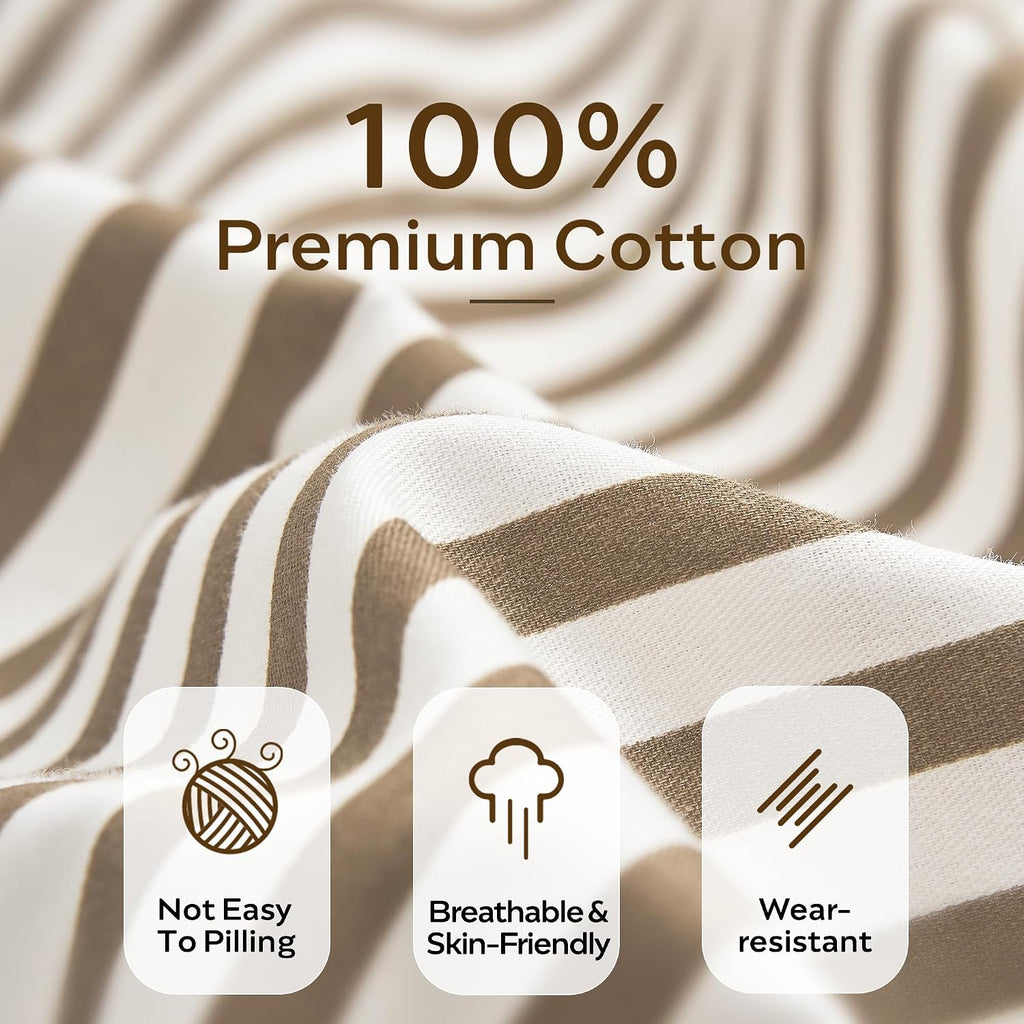 JELLYMONI 100% Cotton Classic Striped Queen Duvet Cover Set, Tan/White