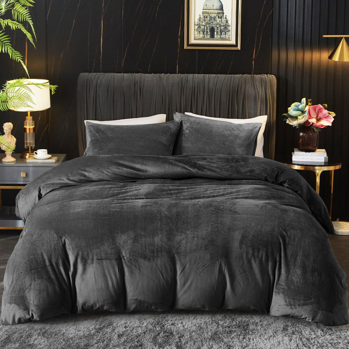 Ivellow Velvet Duvet Cover Queen Set, 3 Pcs Olive Green, Zipper Corner Ties