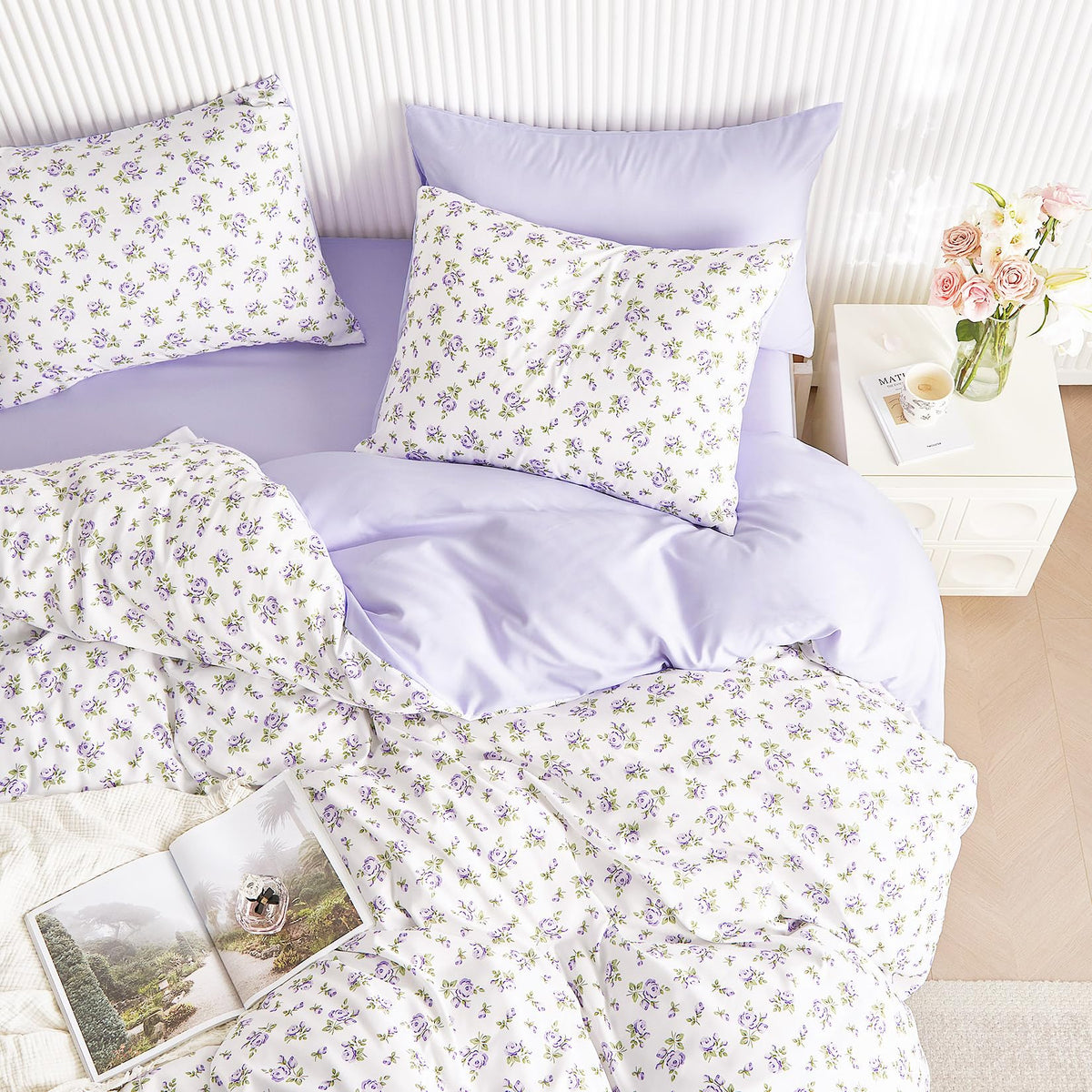 Wake In Cloud - Coquette Duvet Cover Set, Floral Cottagecore Flower Shabby Chic Cute Aesthetic, Soft Lightweight Bedding for Women Teen Girls, 3-Piece, Pink, Queen Size