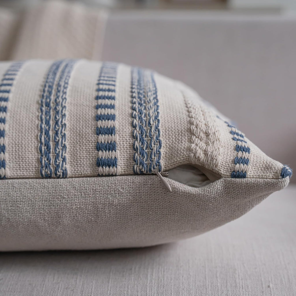 Cethom Blue and Beign Boho Throw Pillow Covers 18x18 Inch Set of 2, Stripe Textured Decorative Couch Pillow Cases for Bed, Sofa, Living Room, Bedroom, Farmhouse Home Accent Cushion Covers