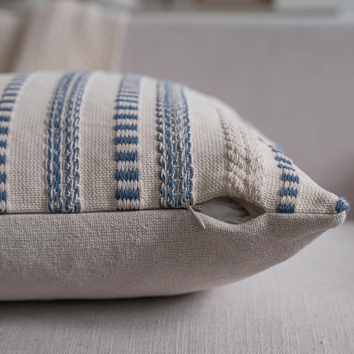 Cethom Blue and Beign Boho Throw Pillow Covers 18x18 Inch Set of 2, Stripe Textured Decorative Couch Pillow Cases for Bed, Sofa, Living Room, Bedroom, Farmhouse Home Accent Cushion Covers