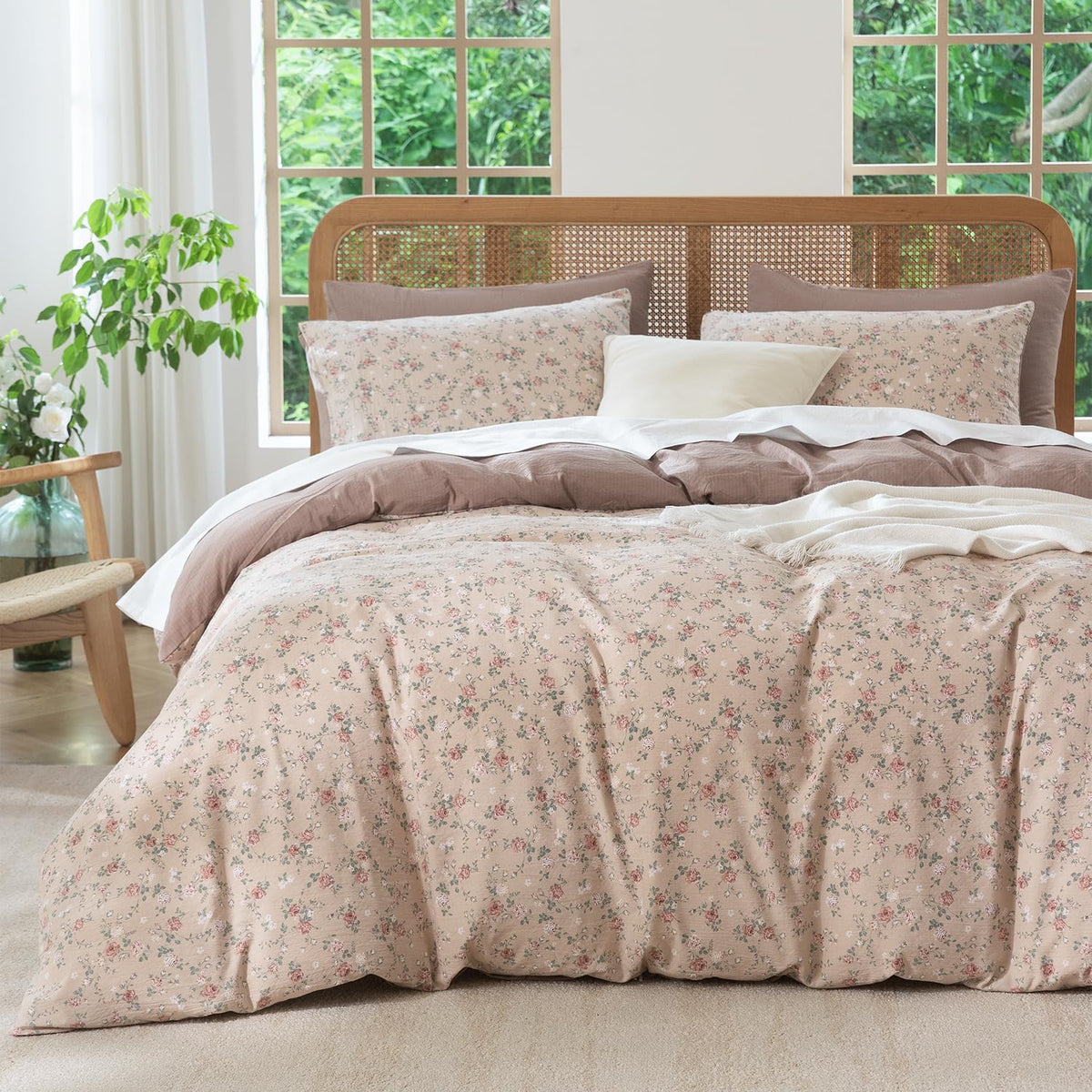 King Size Duvet Cover Set Floral Luxury Soft Brushed Microfiber Crinkle Gauze Fabric 3 Pieces Bedding Set Flower Pattern Duvet Cover King with Zipper Closure Breathable Comfy