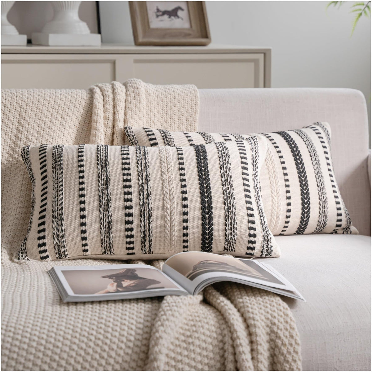 Cethom Blue and Beign Boho Throw Pillow Covers 18x18 Inch Set of 2, Stripe Textured Decorative Couch Pillow Cases for Bed, Sofa, Living Room, Bedroom, Farmhouse Home Accent Cushion Covers