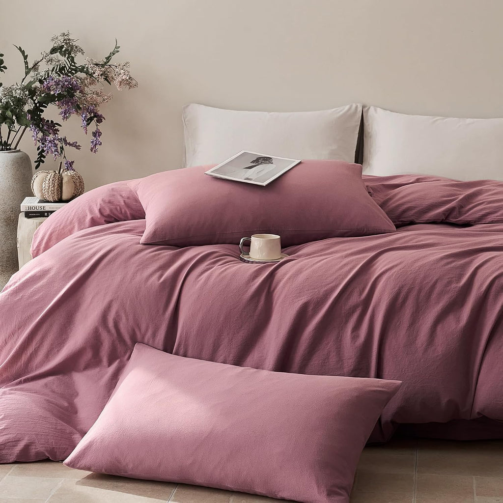 JELLYMONI 100% Cotton King Duvet Cover Set, Washed Linen-Like Texture