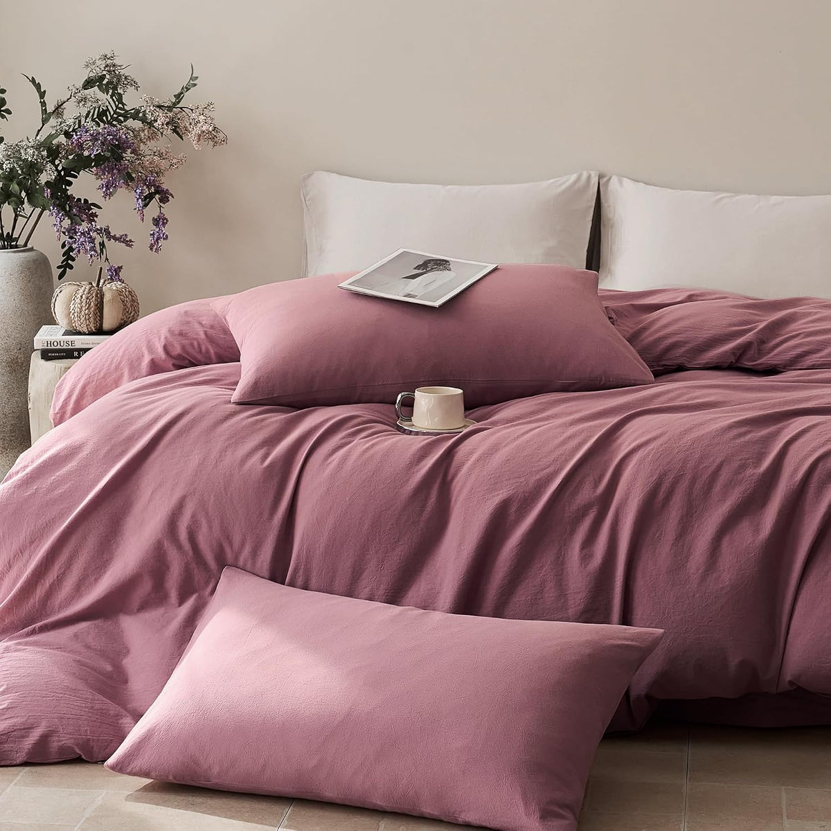 JELLYMONI 100% Cotton King Duvet Cover Set, Washed Linen-Like Texture