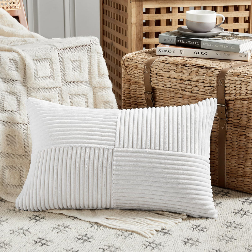 Fancy Homi Blush Pink Lumbar Decorative Throw Pillow Covers 12x20 Inch for Living Room Couch Bed, Rustic Farmhouse Boho Home Decor, Soft Striped Corduroy Rectangle Accent Cushion Case 30x50 cm