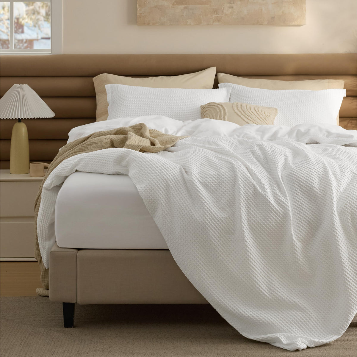 Bedsure PureWoven 3 Pieces 100% Cotton Waffle Duvet Cover Set, King, Linen