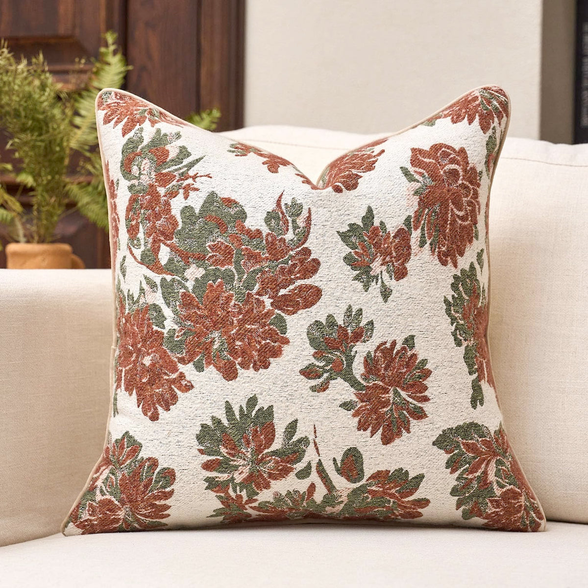 Green Floral Textured Throw Pillow Cover 18x18 Fall Vintage Rust Pillow Cover Farmhouse Summer Leaf Cushion Cover Chenille Neutral Flower Pillowcase Home Decor for Sofa Living Room Bedding