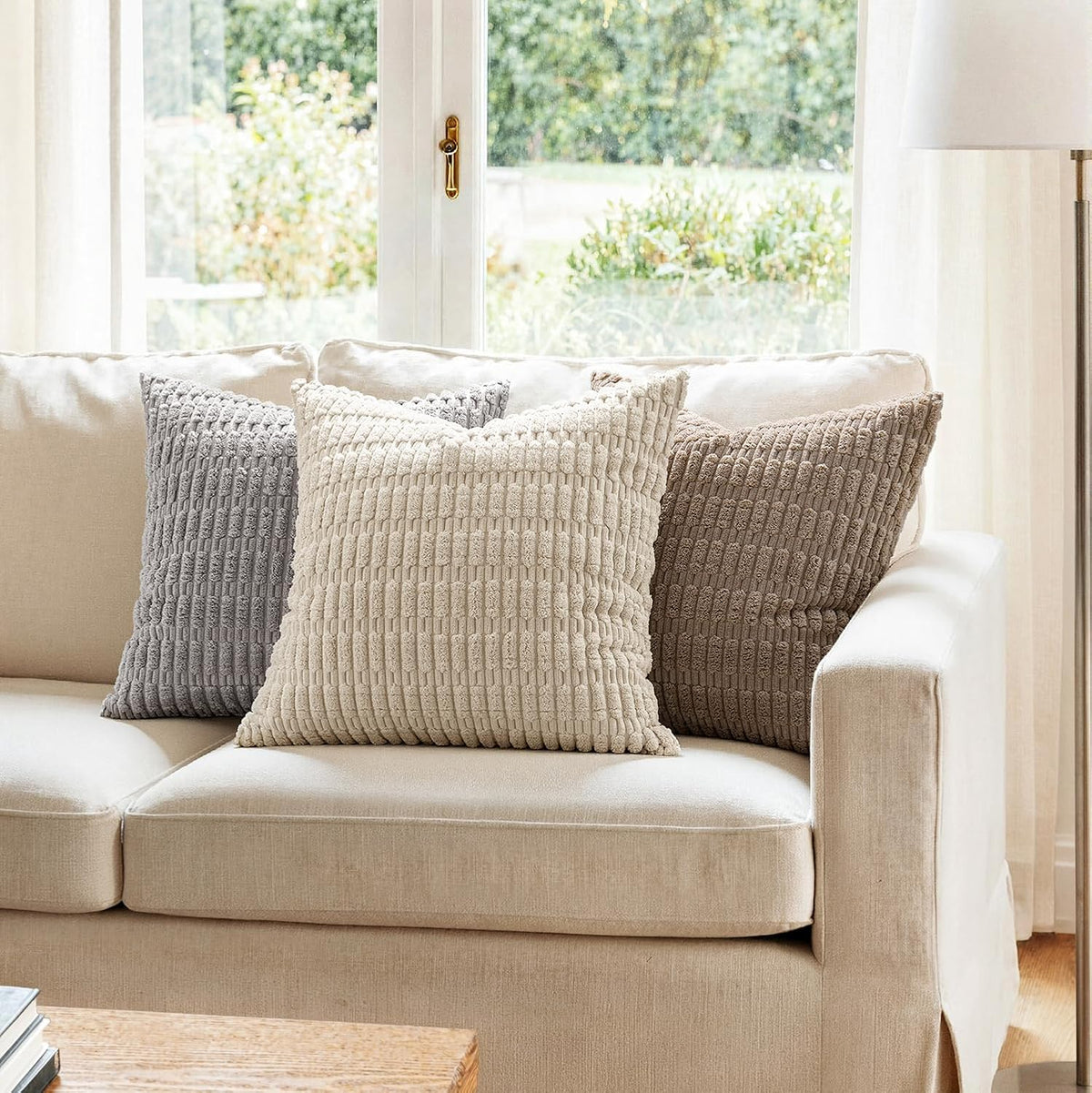 MIULEE Corduroy Decorative Throw Pillow Covers 20x20 Cream White Pack of 2