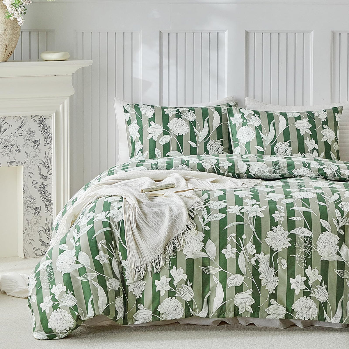 Lekesky Floral Duvet Cover Queen Size 3-Piece, Sage Green