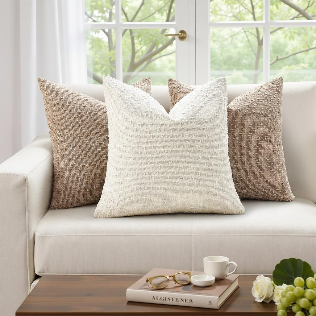 decorUhome Textured Cream White Chenille Throw Pillow Covers 20x20 Set of 2