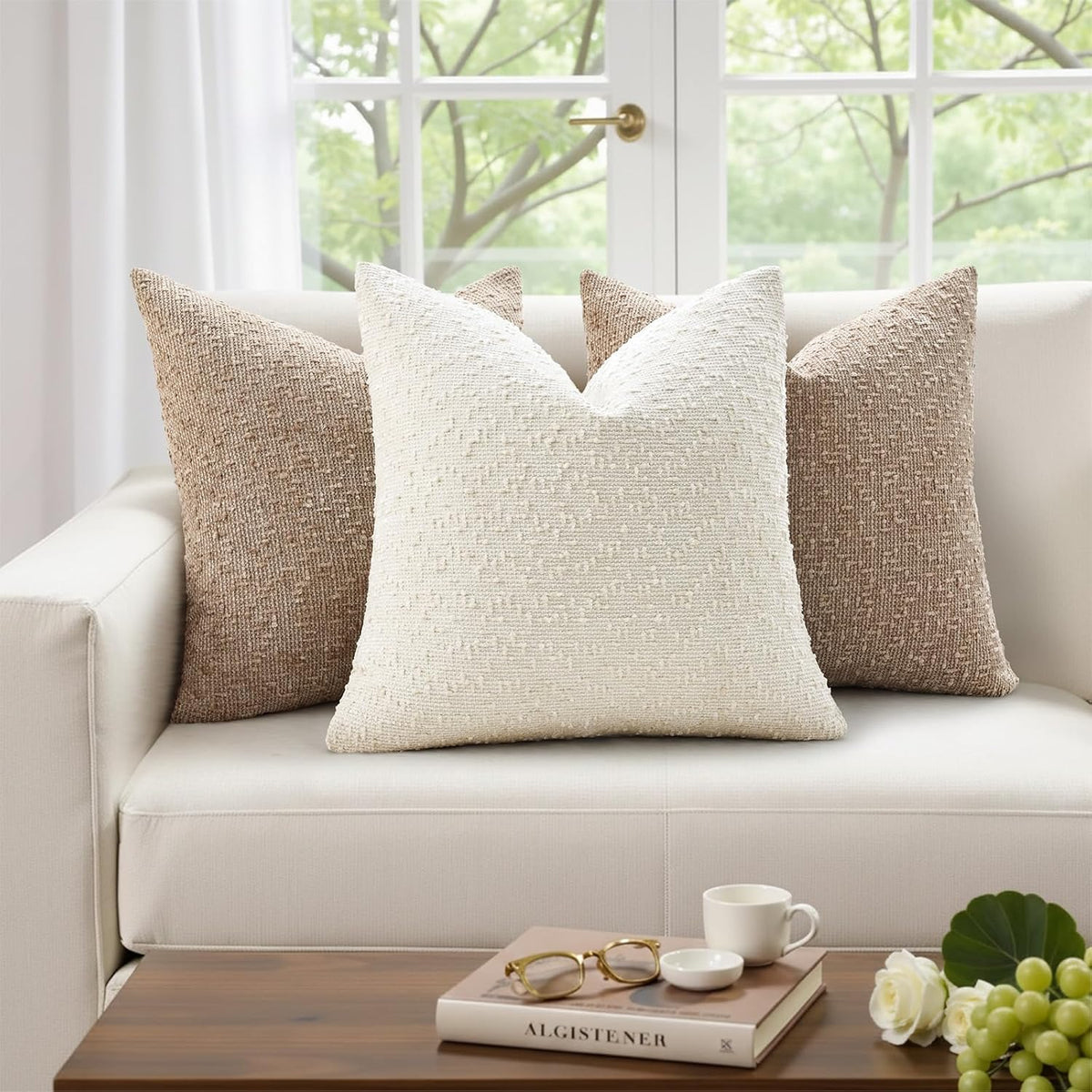 decorUhome Textured Cream White Chenille Throw Pillow Covers 20x20 Set of 2
