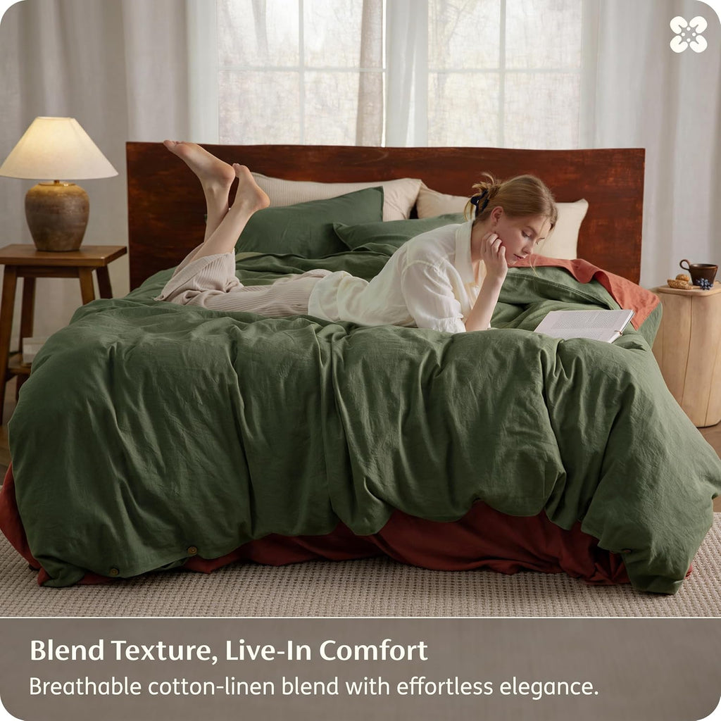 Bedsure PureWoven Linen Duvet Cover Queen, Linen Cotton Blend, Olive Green