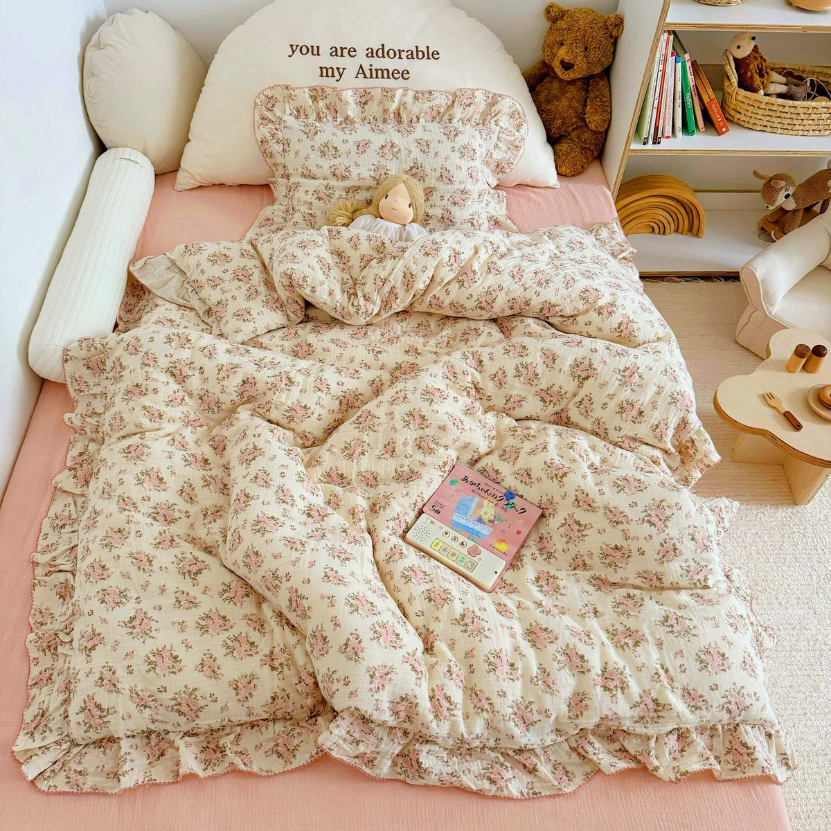 BuLuTu 100% Cotton Muslin Duvet Cover Twin for Kids Girls Boys, Shabby Chic Azalea Floral Duvet Covers Vintage Farmhouse Comforter/Quilt Cover with Ruffles, 68"x86", Zipper Closure, No Pillow