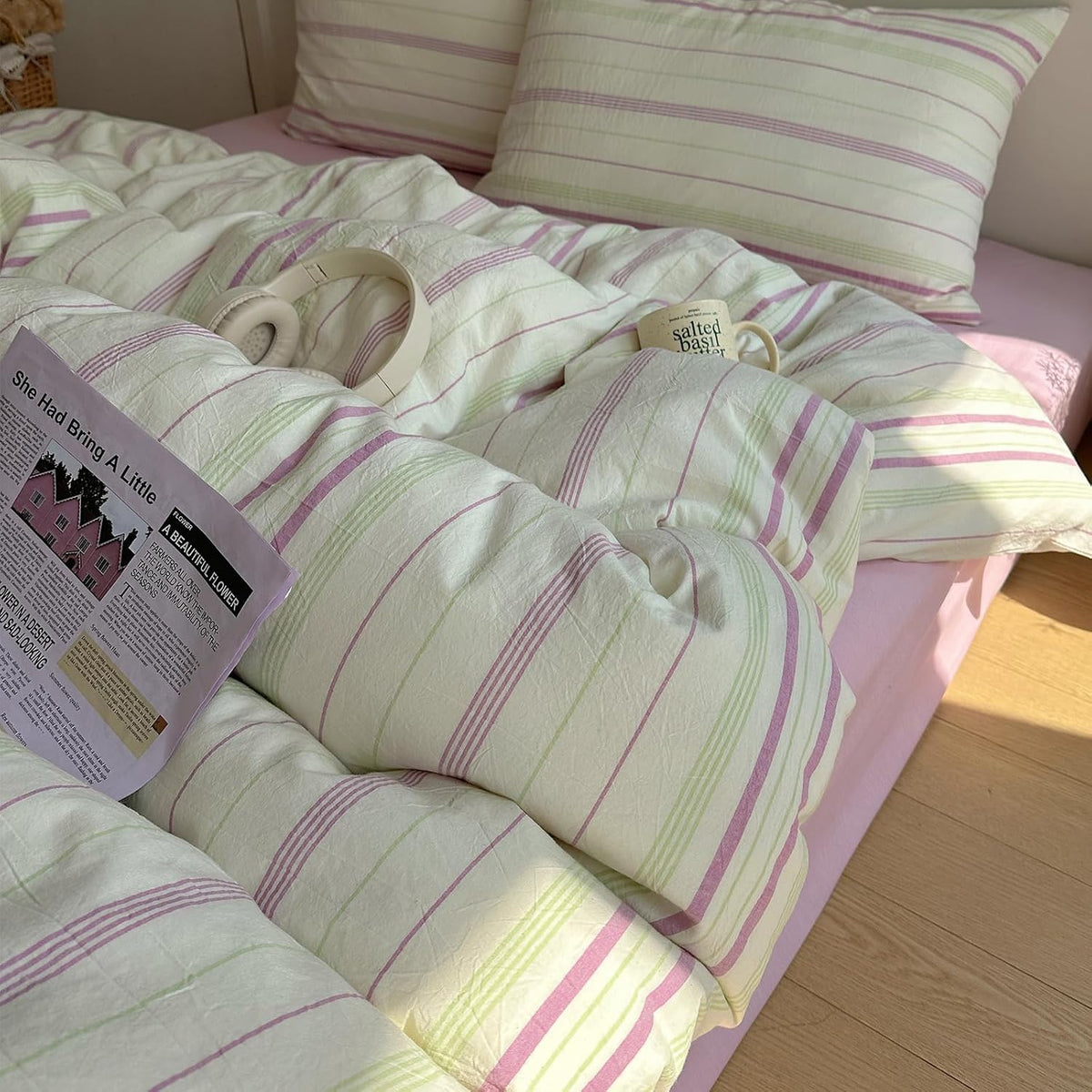 EAVD Retro Striped Duvet Cover Queen Soft 100% Washed Cotton Green Purple