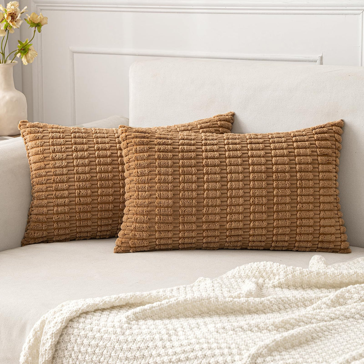 MIULEE Corduroy Decorative Throw Pillow Covers 20x20 Cream White Pack of 2