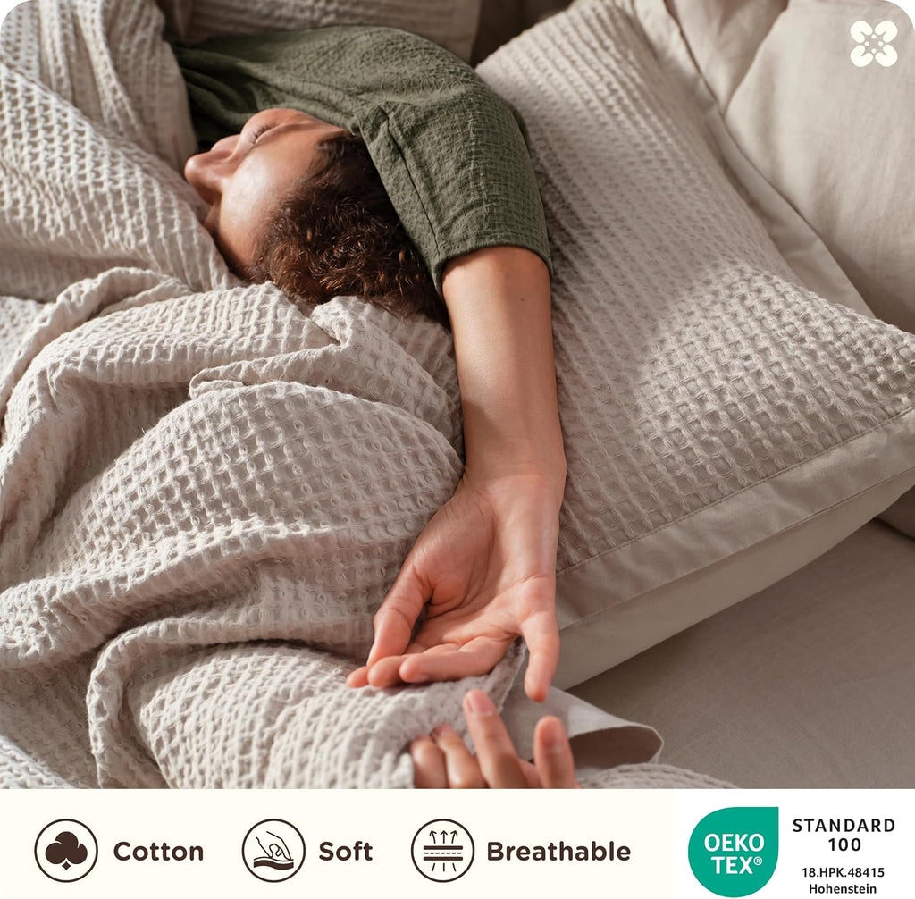Bedsure PureWoven 3 Pieces 100% Cotton Waffle Duvet Cover Set, King, Linen