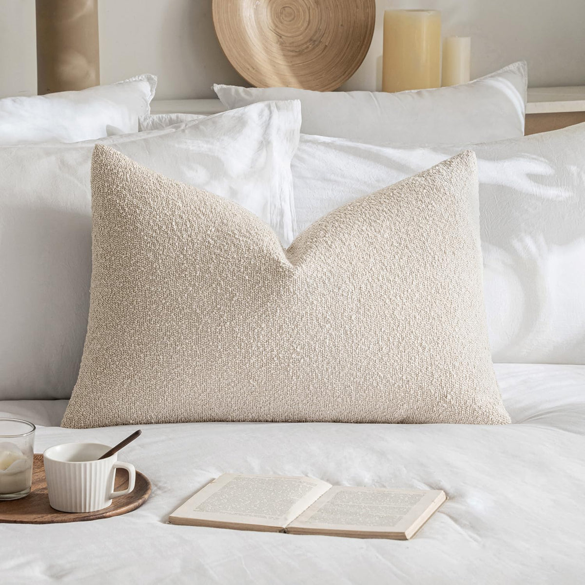 MIULEE Textured Boucle Lumbar Pillow Cover for Bed 12x20 Neutral