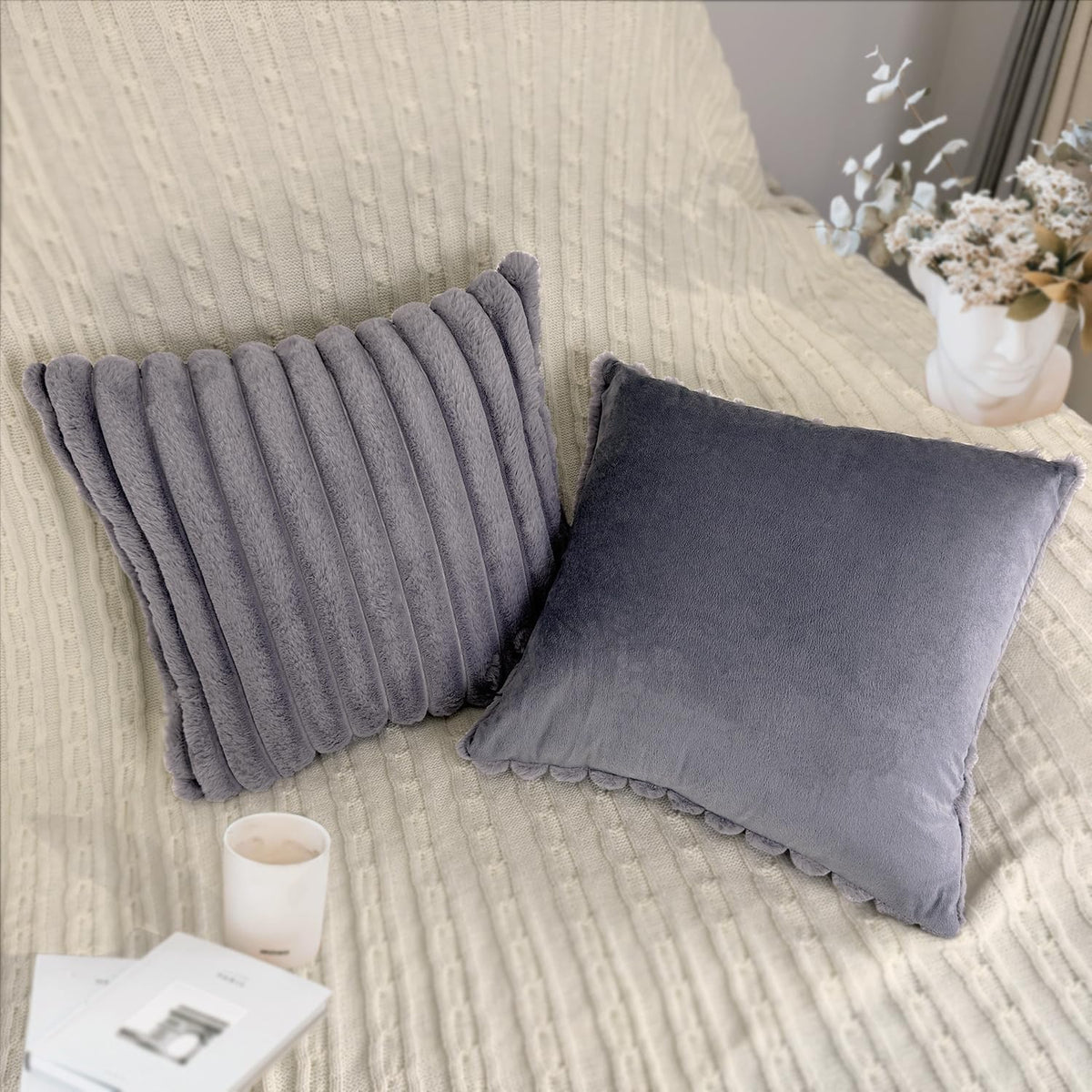 2 Pack 18x18 Pillow Cover Velvet Pillow Covers, Faux Fur Square Throw Pillow Covers for Living Room Decorations Throw Pillow Case, Throw Pillow Cover Cushion Cover for Home Sofa Bedroom Car, Grey