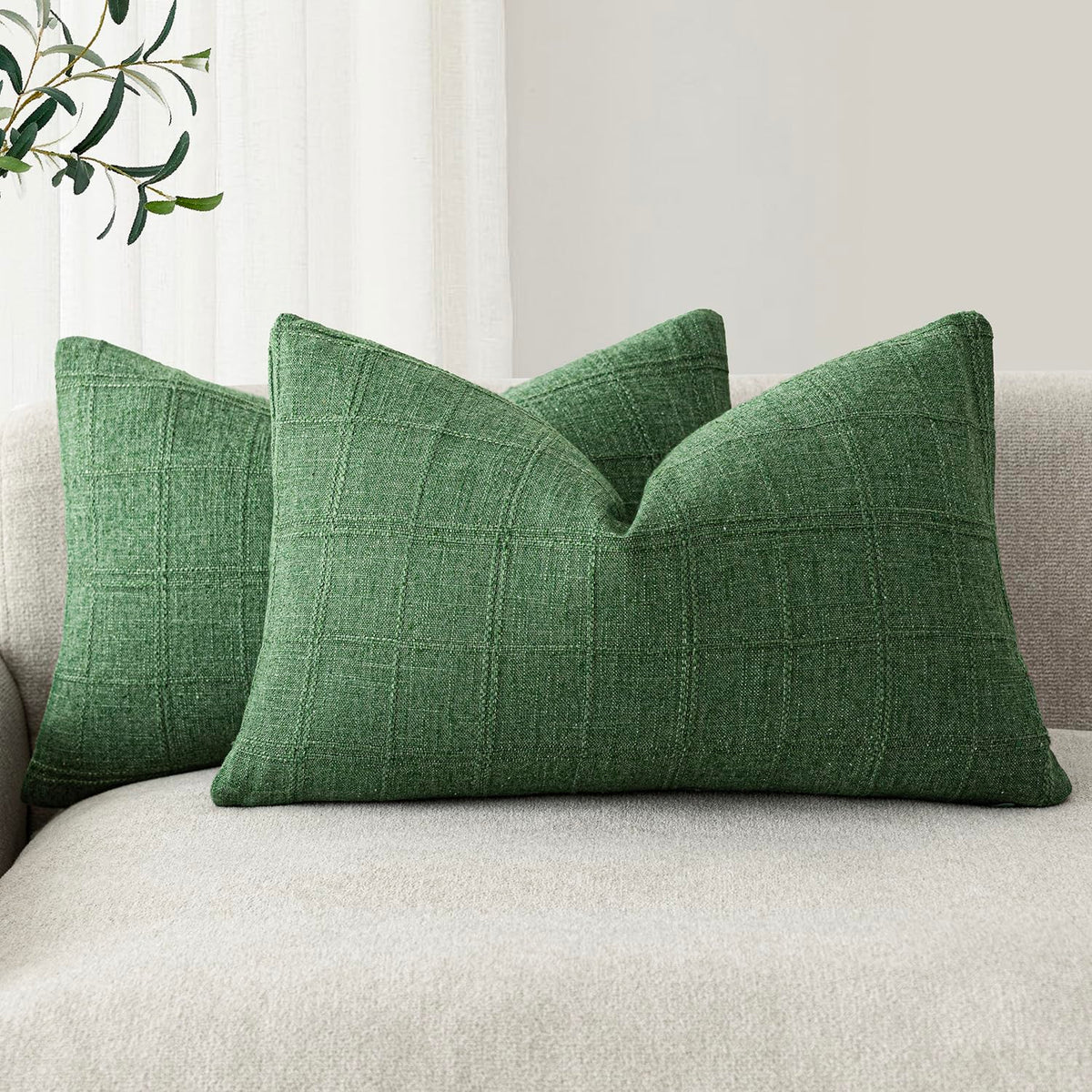 Foindtower Boho Linen Check Decorative Throw Pillow Cover 18×18 Olive Green