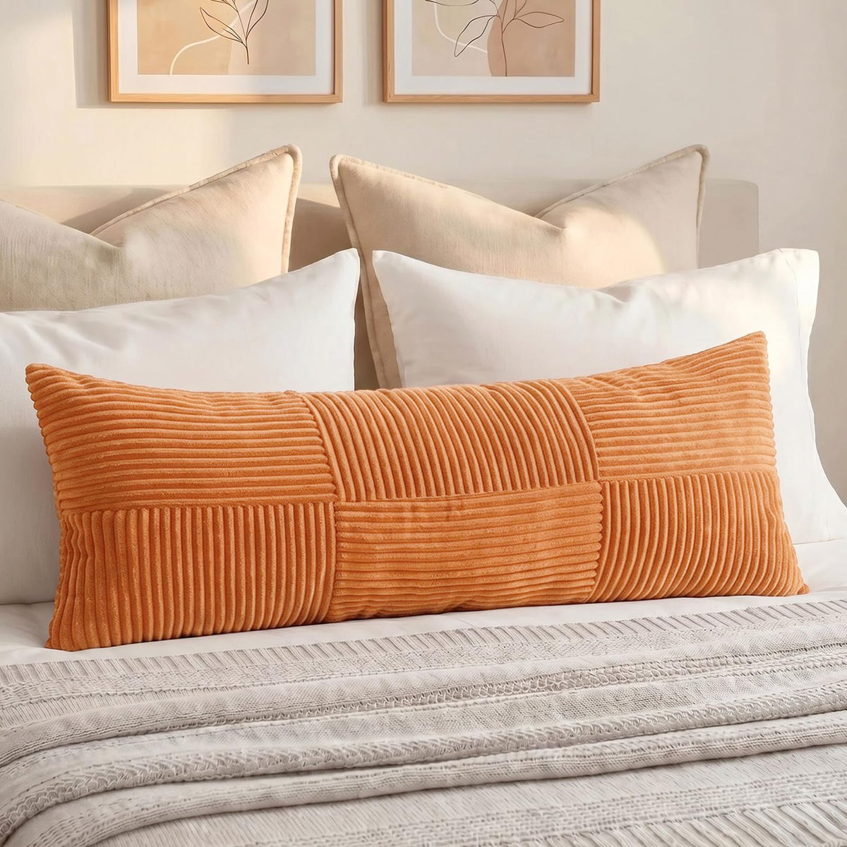 Fancy Homi Blush Pink Lumbar Decorative Throw Pillow Covers 12x20 Inch for Living Room Couch Bed, Rustic Farmhouse Boho Home Decor, Soft Striped Corduroy Rectangle Accent Cushion Case 30x50 cm