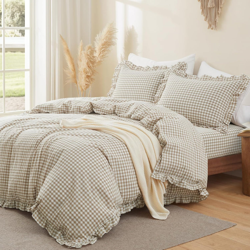 Taupe Gingham Ruffle Duvet Cover King Size 3 Piece
