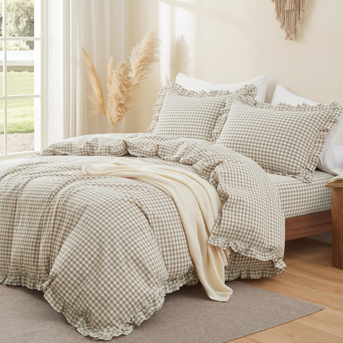 Taupe Gingham Ruffle Duvet Cover King Size 3 Piece