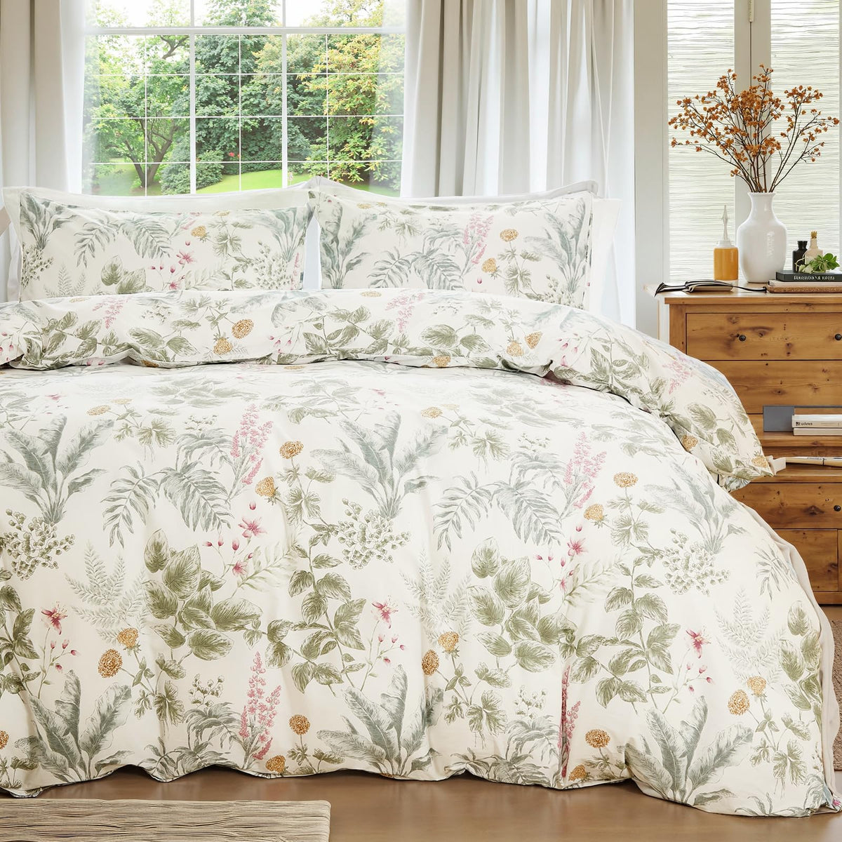 Duvet Cover Queen Size - 100% Cotton Reversible Floral Queen Duvet Cover Set with Zipper Closure, 3 Pieces Soft & Breathable Green Bedding Set for All Seasons