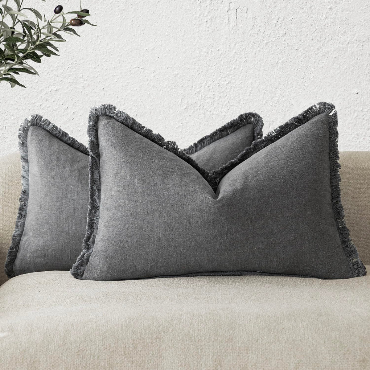 Foindtower Decorative Linen Fringe Throw Pillow Covers 20×20 Olive Green