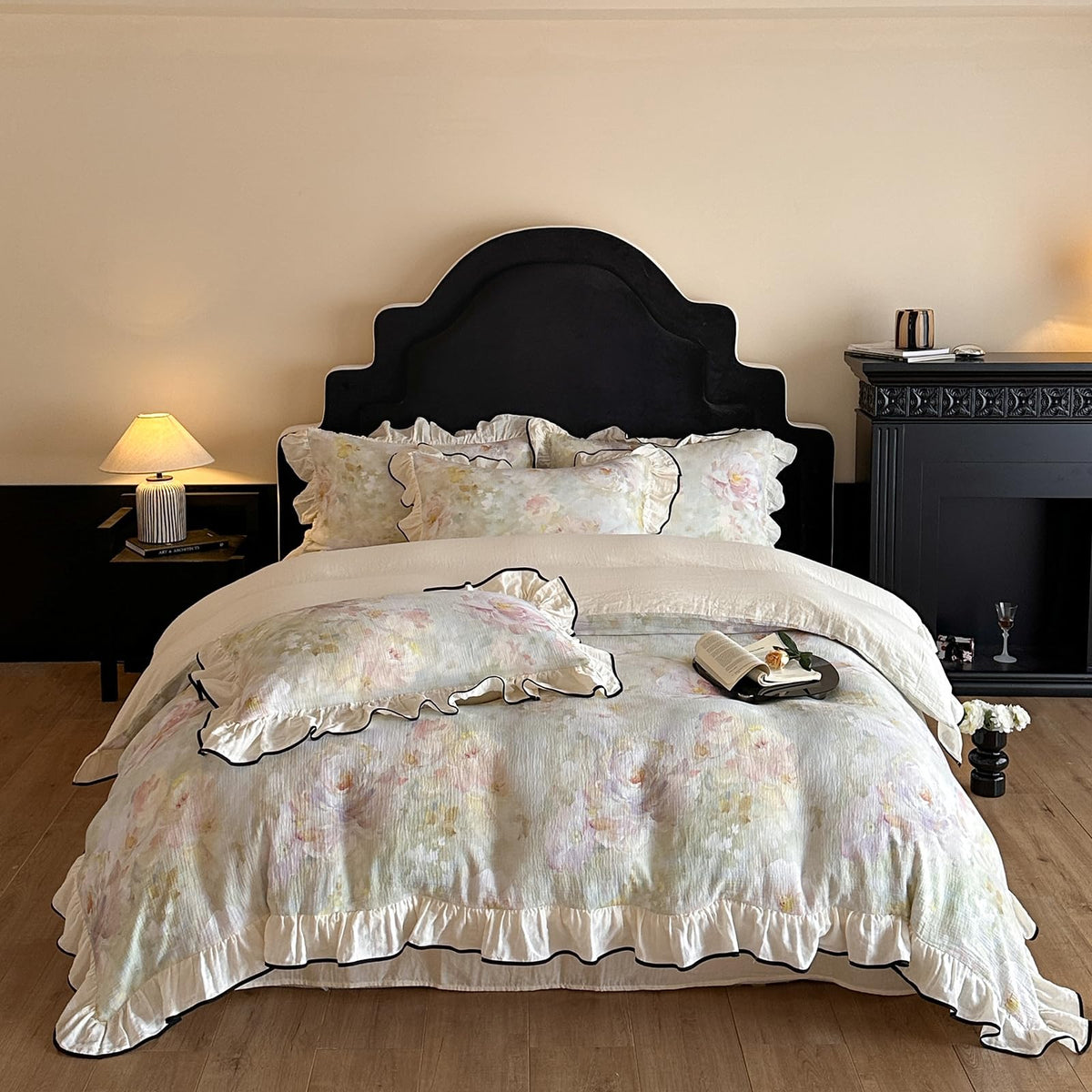 French Chic Ruffled Duvet Cover Queen Size Beige Wavy Jacquard Bedding Set 3 Pieces, Microfiber Zipper Comforter Cover and 2 Pillowcases Aesthetic Boho Girls Women Bedding Duvet Cover for All Seasons