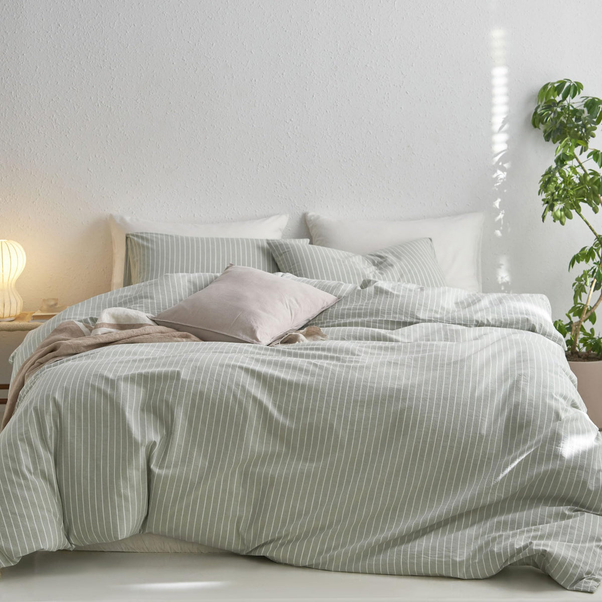MooMee Striped Duvet Cover Set 100% Washed Cotton Linen Like Queen