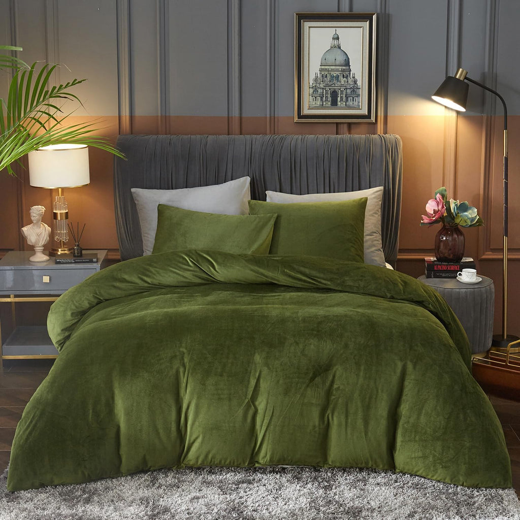 Ivellow Velvet Duvet Cover Queen Set, 3 Pcs Olive Green, Zipper Corner Ties