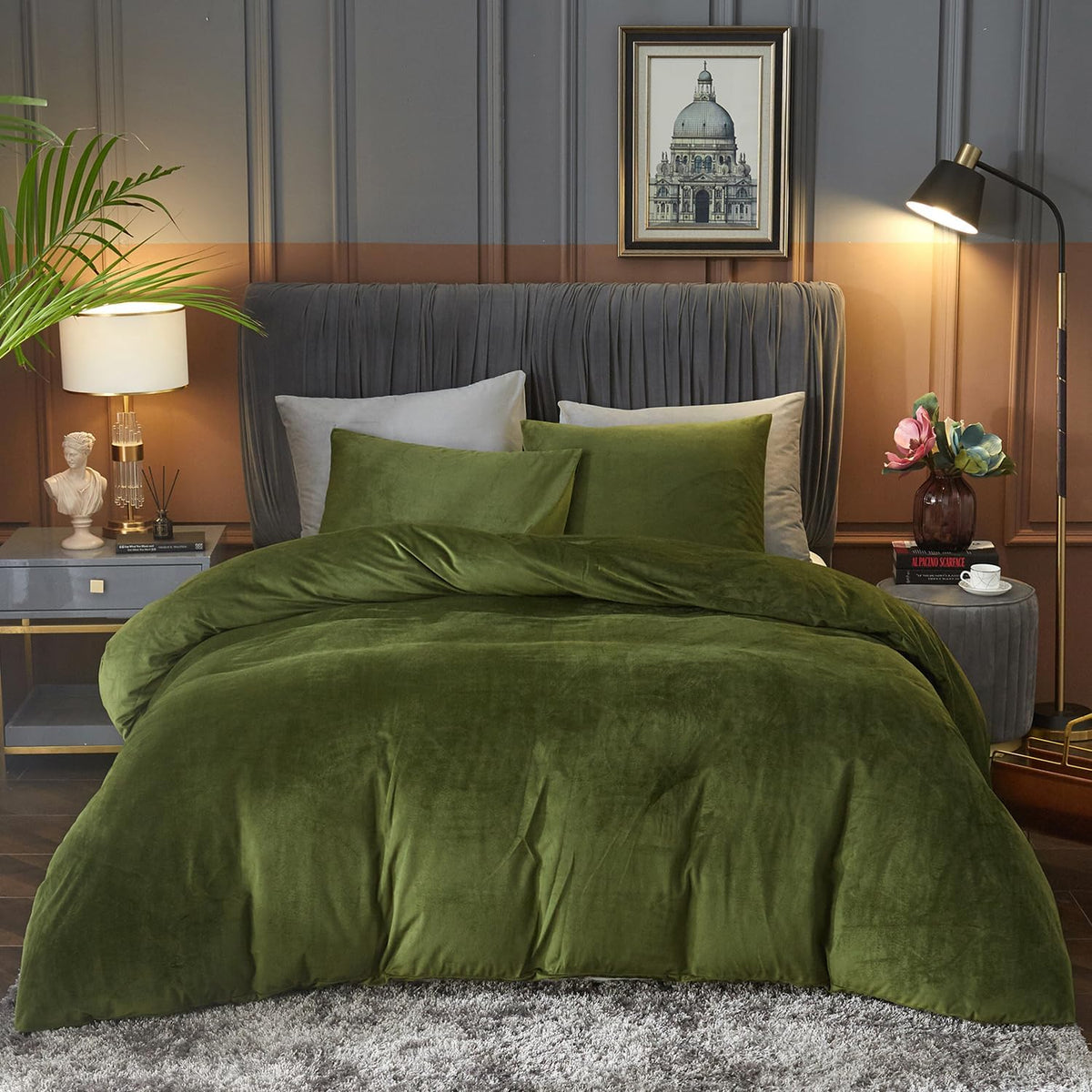 Ivellow Velvet Duvet Cover Queen Set, 3 Pcs Olive Green, Zipper Corner Ties
