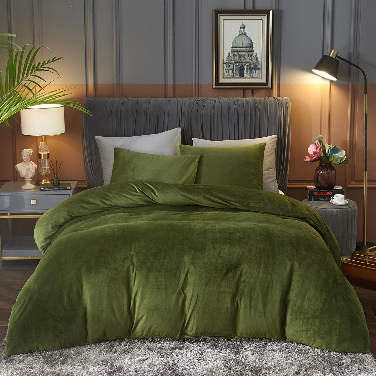 Ivellow Velvet Duvet Cover Queen Set, 3 Pcs Olive Green, Zipper Corner Ties