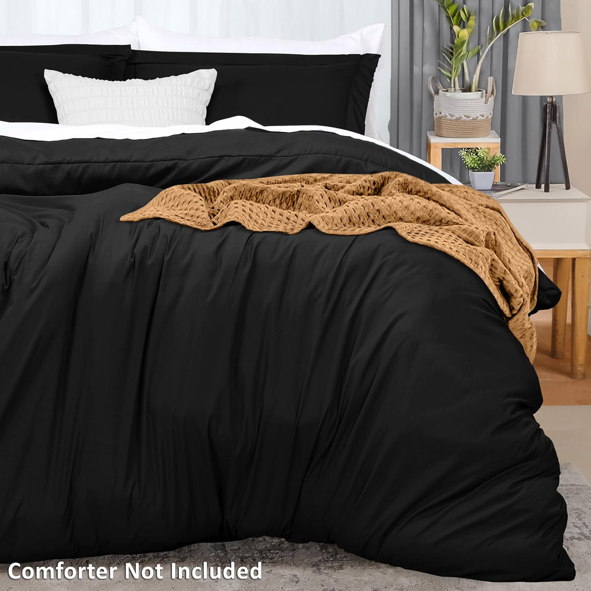 Duvet Cover Queen, 3 Piece Cotton Like Polyester with Zipper Closure, Black