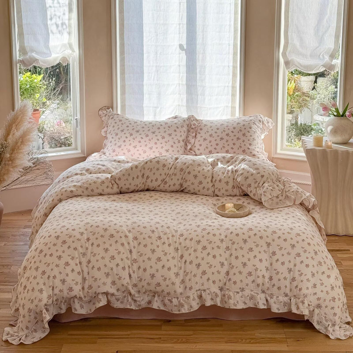 BuLuTu 100% Cotton Muslin Duvet Cover Twin for Kids Girls Boys, Shabby Chic Azalea Floral Duvet Covers Vintage Farmhouse Comforter/Quilt Cover with Ruffles, 68"x86", Zipper Closure, No Pillow