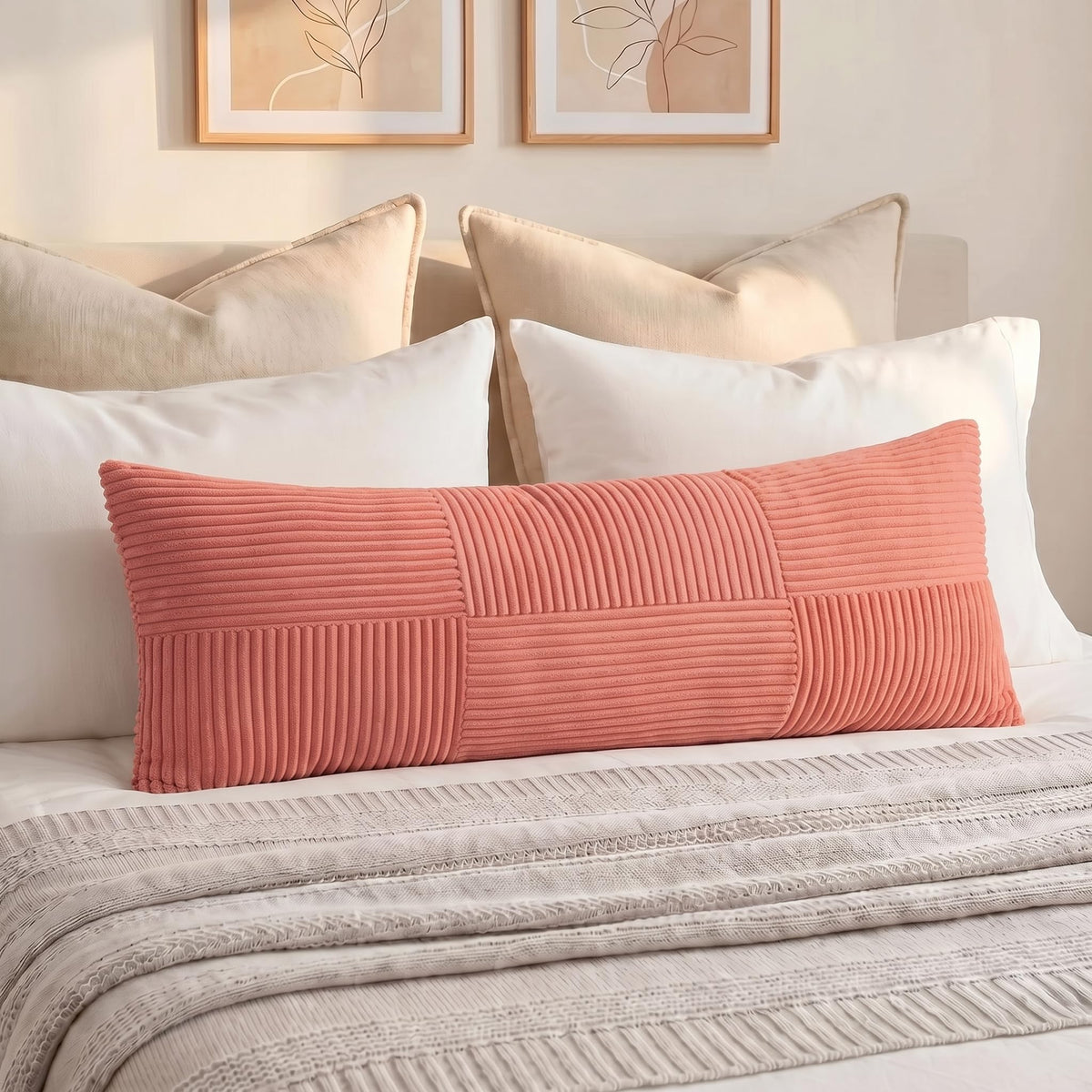 Fancy Homi Blush Pink Lumbar Decorative Throw Pillow Covers 12x20 Inch for Living Room Couch Bed, Rustic Farmhouse Boho Home Decor, Soft Striped Corduroy Rectangle Accent Cushion Case 30x50 cm